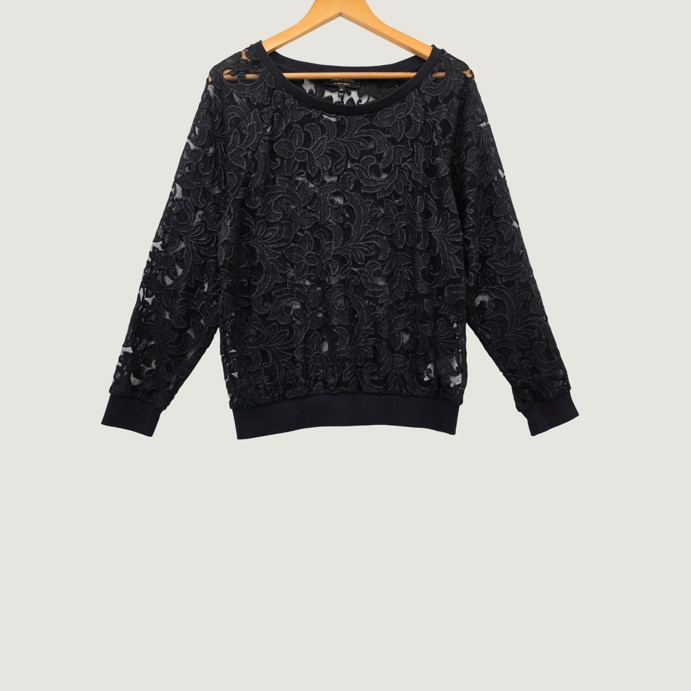 Juicy Couture Black Floral Lace Top Sheer Mesh Long Sleeve Designer M Authentic